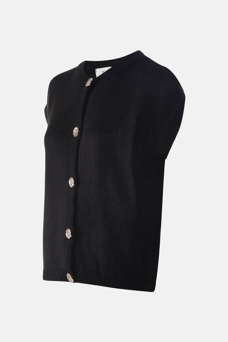 Zwart vest van Terra di Siena met sierknopen, vanuit een schuin perspectief gefotografeerd.
