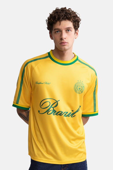 Gele korte mouwen T-shirt met groene accenten van REDEFINED REBEL, met 'Brasil' logo en ronde hals, front view