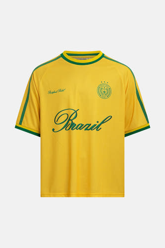 Gele korte mouwen t-shirt van REDEFINED REBEL met groene accenten, Brazil script en logo, front view