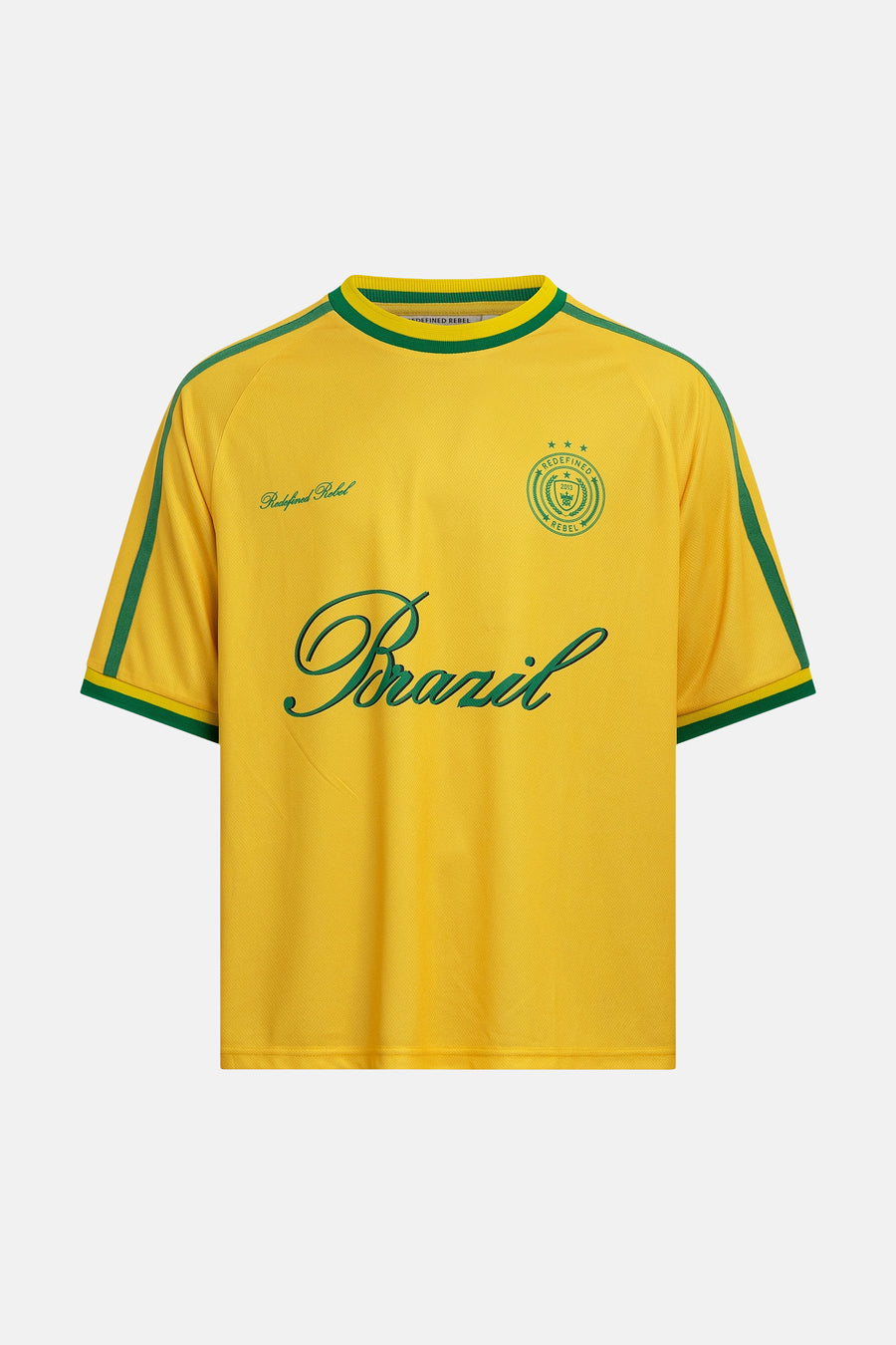 Gele korte mouwen t-shirt van REDEFINED REBEL met groene accenten, Brazil script en logo, front view