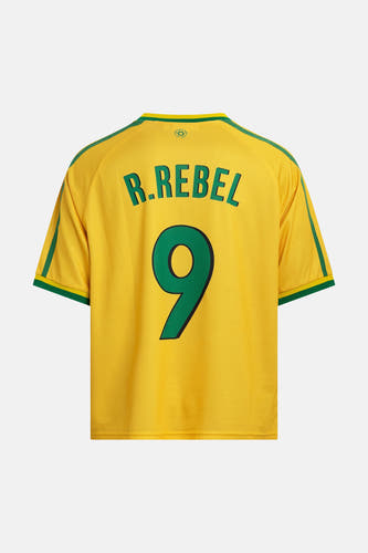 Gele korte mouwen t-shirt van REDEFINED REBEL met groene R.REBEL en nummer 9 op rug, groene accenten aan mouwen, achterkant weergave