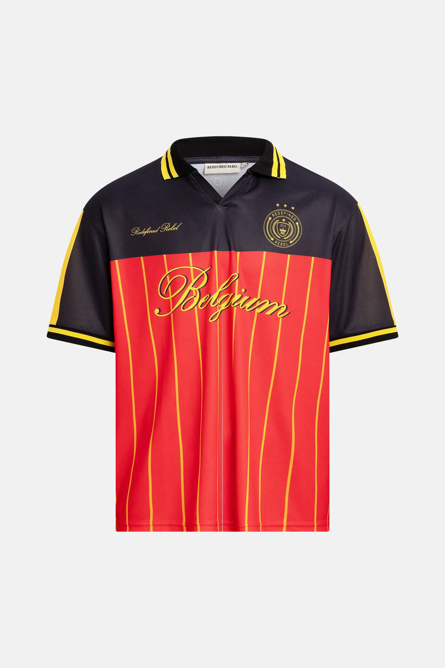Multicolor polo met rode en zwarte panelen en gele strepen, van REDEFINED REBEL, met 'Belgium' in goud en logo op borst, front view