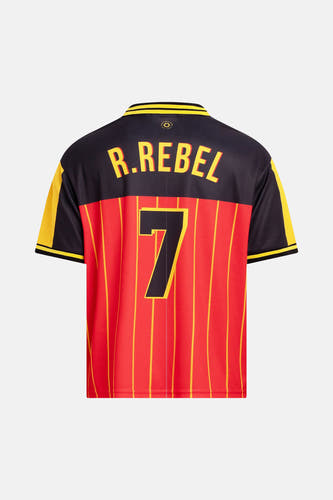 Multicolor polo met rode en zwarte panelen en gele accenten van REDEFINED REBEL, rugzijde met "R.REBEL" en nummer 7, gestreept ontwerp
