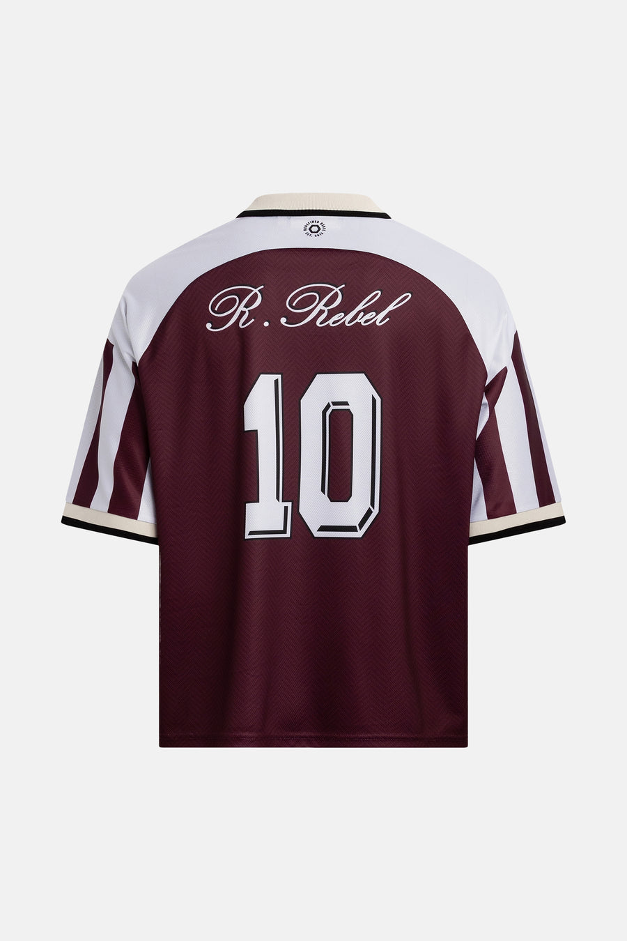 Rode polo met witte mouwen en rugprint van REDEFINED REBEL, met nummer 10 en logo, achterkant weergegeven