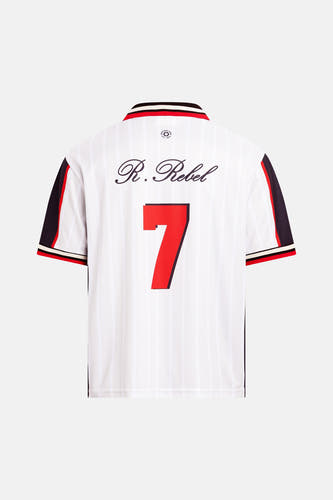 Multicolor polo met witte strepen en rode nummer 7 van REDEFINED REBEL, rugzijde met logo en contrastmouwen