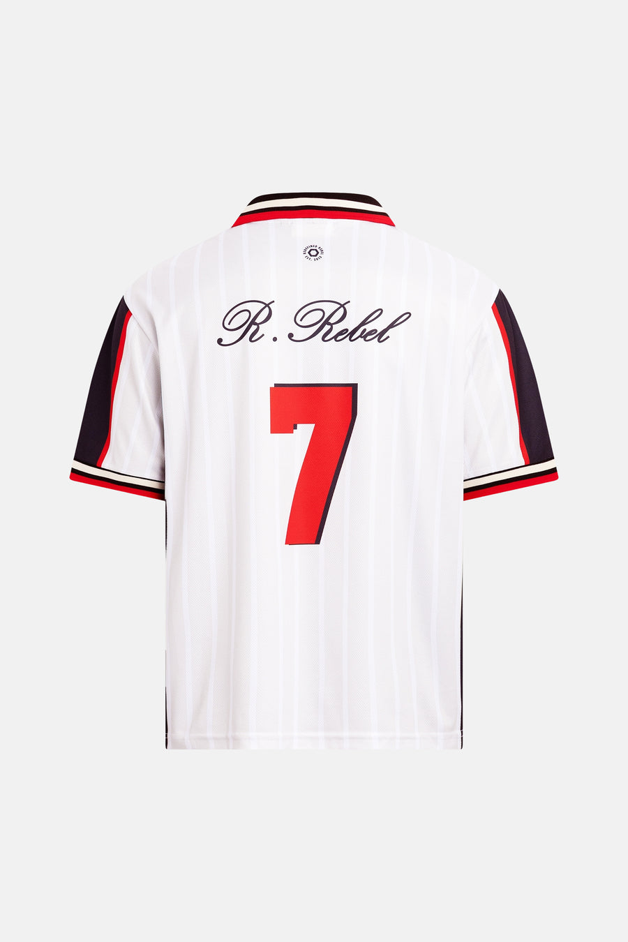 Multicolor polo met witte strepen en rode nummer 7 van REDEFINED REBEL, rugzijde met logo en contrastmouwen