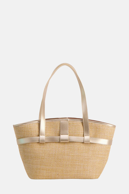 Beige schoudertas van Morgan De Toi met gouden accenten en een geweven textuur.