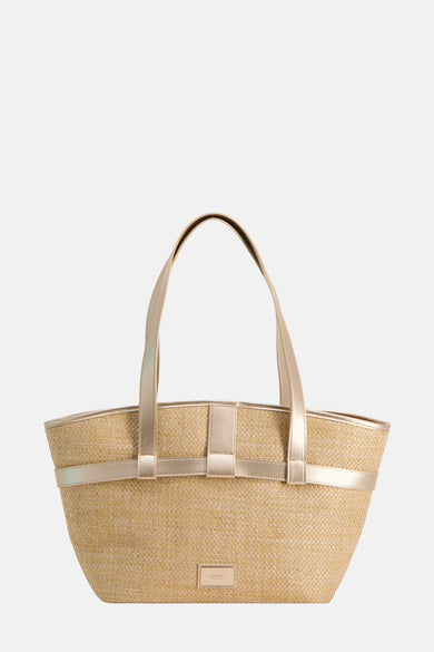 Beige schoudertas van Morgan De Toi, met gouden accenten en geweven textuur, tegen een witte achtergrond.
