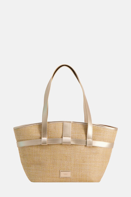 Morgan De Toiiioud é beige, avec des accents accents or et une texture tissée sur un fond blanc.