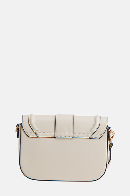 Beige schoudertas van Morgan De Toi, met accenten in zwart en gouden details.