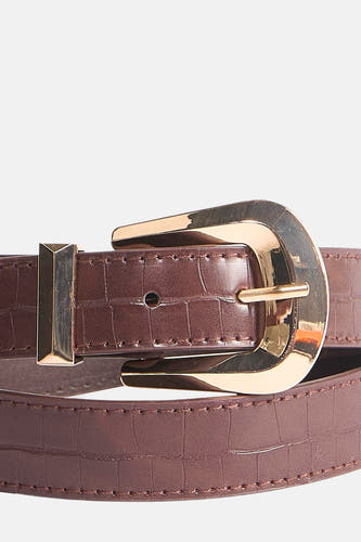 Ceinture brune de Morgan De Toi avec un motif crocodile et une boucle dorée.