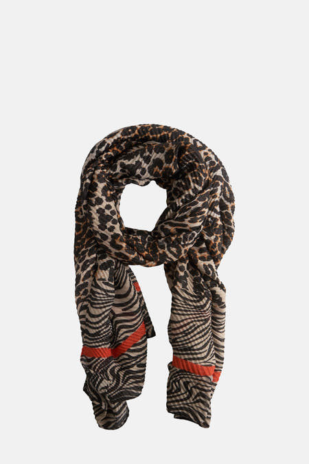 Multicolor sjaal van Morgan De Toi met luipaard- en zebraprint en oranje strepen.
