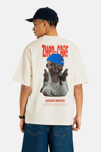 T-shirt écru à manches courtes de WOODBIRD, avec une impression d'une image du Bouddha sur le dos.