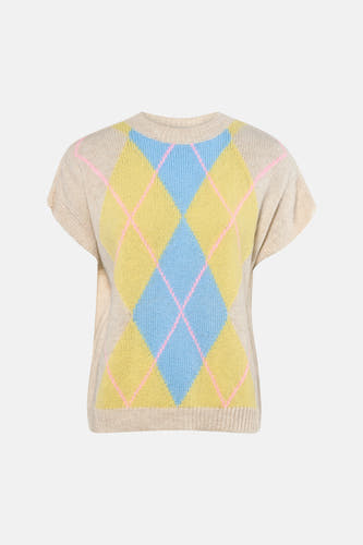 Beige giletkorte zonder mouw van Terra di Siena, met een ruitpatroon in geel, blauw en roze.
