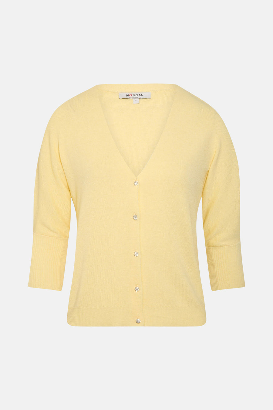 Gele cardigan van Morgan De Toi met V-hals, 3/4 mouwen en bloemvormige strassknopen.