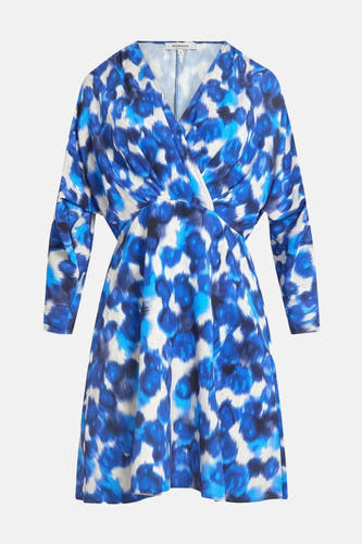 Robe bleue à longues manches de Morgan De Toi, avec un motif abstrait bleu et blanc.
