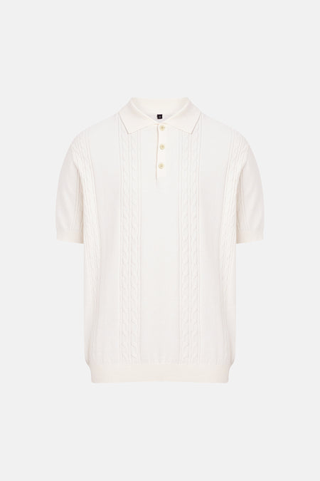 Polo écru de REDEFINED REBEL avec motif torsadé, manches courtes et fermeture à trois boutons.
