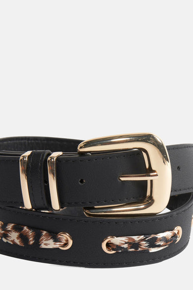 Ceinture noire de Morgan De Toi, avec boucle dorée et bandes décoratives imprimées de python.