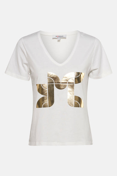 Wit T-shirt met korte mouwen van Morgan, met een gouden logo op de voorkant.
