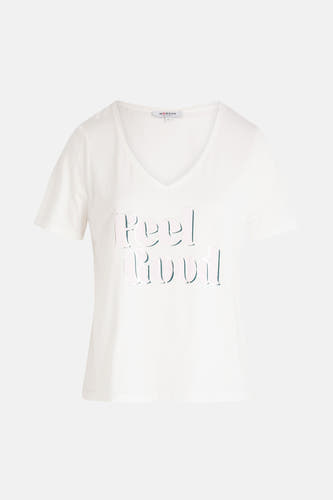 T-shirt blanc à manches courtes de Morgan De Toi, avec le texte "Feel Good" sur l'avant.