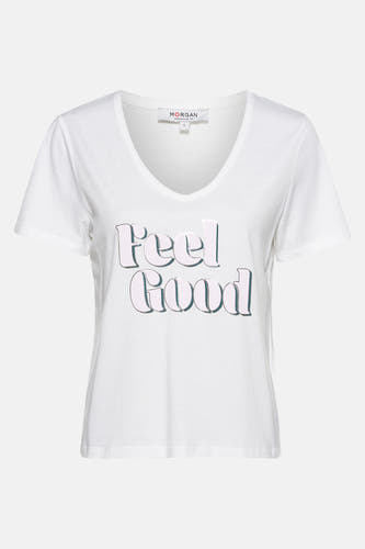 T-shirt blanc à manches courtes de Morgan De Toi, avec le texte "Feel Good" dans un type retro lettre rétro