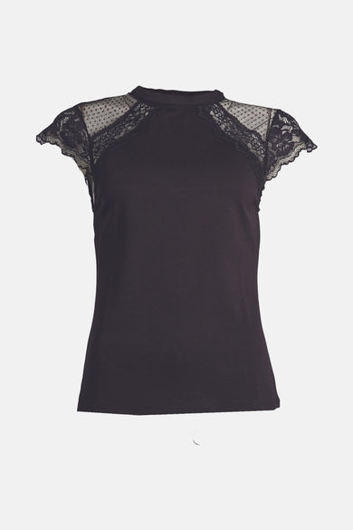 Zwart T-shirt met korte mouwen van Morgan de Toi, met kanten details op de schouders.
