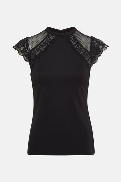 Zwart T-shirt met korte mouwen van Morgan De Toi, met kanten details en een hoge hals.