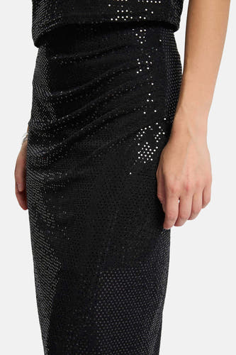 Zwarte rok van Morgan de Toi, met glitters en een gedrapeerd detail.
