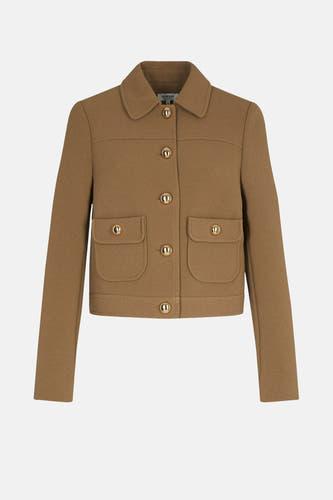 Beige korte jas van Morgan de Toi, met gouden knopen en opgestikte zakken.
