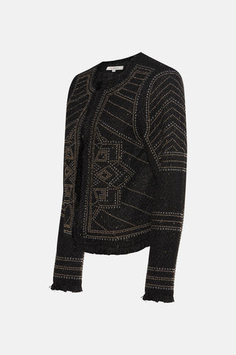 Manteau court noir de Morgan De Toi, avec des strass dorés décoratifs et un motif bohème.