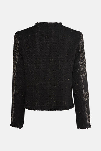 Manteau noir de Morgan De Toi avec des bordures dorées, des détails froncés et des strass sur les manches.