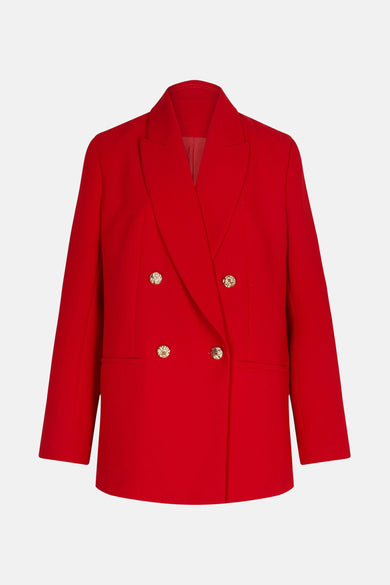 Rode blazer van Morgan De Toi met gouden knopen en een dubbele rij knopen.