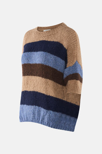 T-shirt bleu avec col rond de Terra di Siena, avec des rayures brunes et beige et une texture tricotée.
