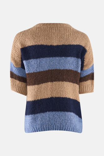Blauwe trui met ronde hals van Terra di Siena, met gestreept patroon in bruin, blauw en beige.
