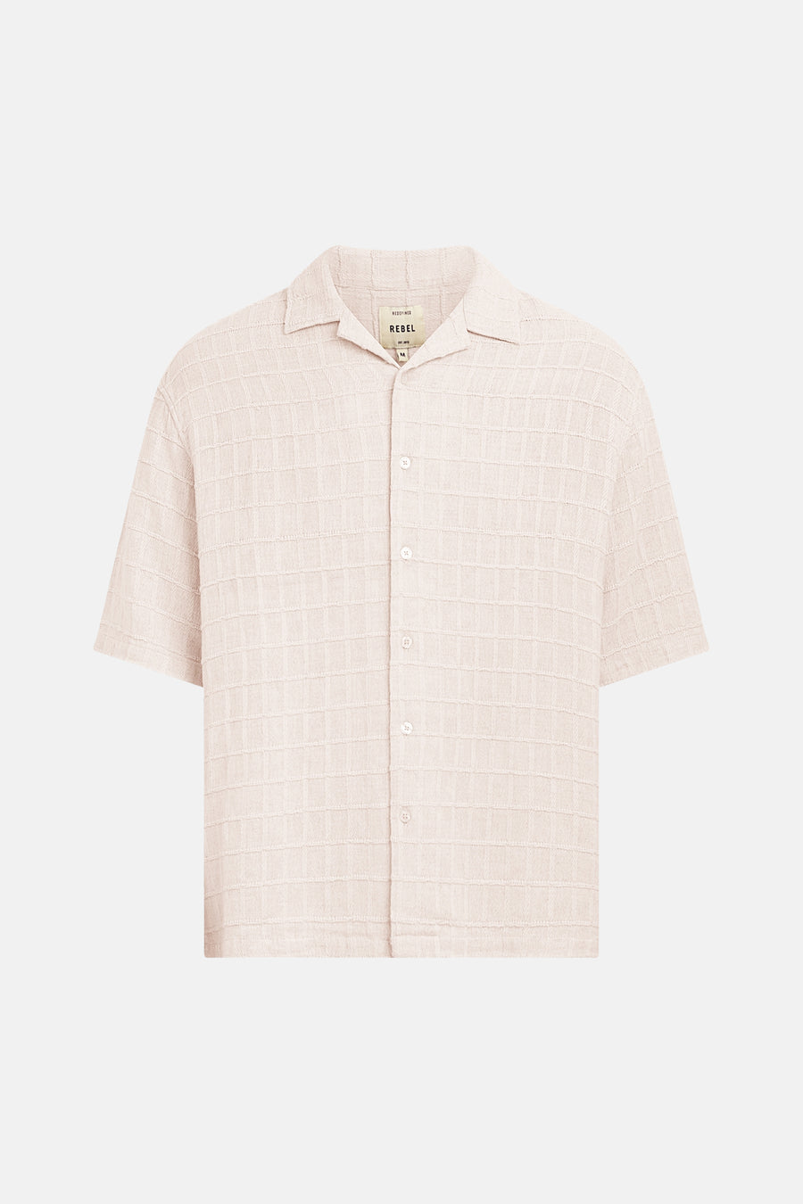 Chemise beige à manches courtes de REDEFINED REBEL avec texture gaufrée et col cubain.