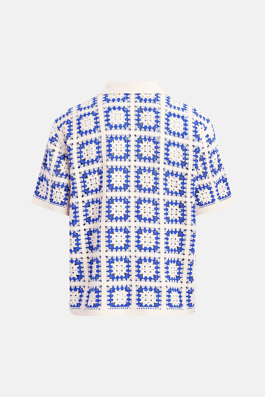 Pull au crochet de couleur crème et bleu de REDEFINED REBEL avec motif à blocs et col, vue arrière.