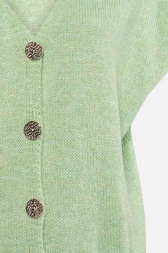Groen gilet van Terra di Siena met decoratieve gouden knopen en een gebreide textuur.