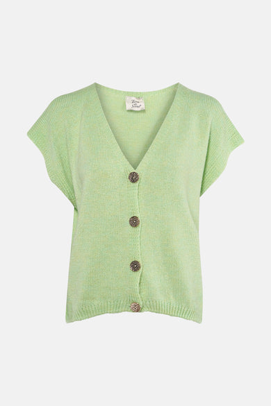 Groen gilet van Terra di Siena met knoopsluiting, korte mouwen en fijne breistructuur.
