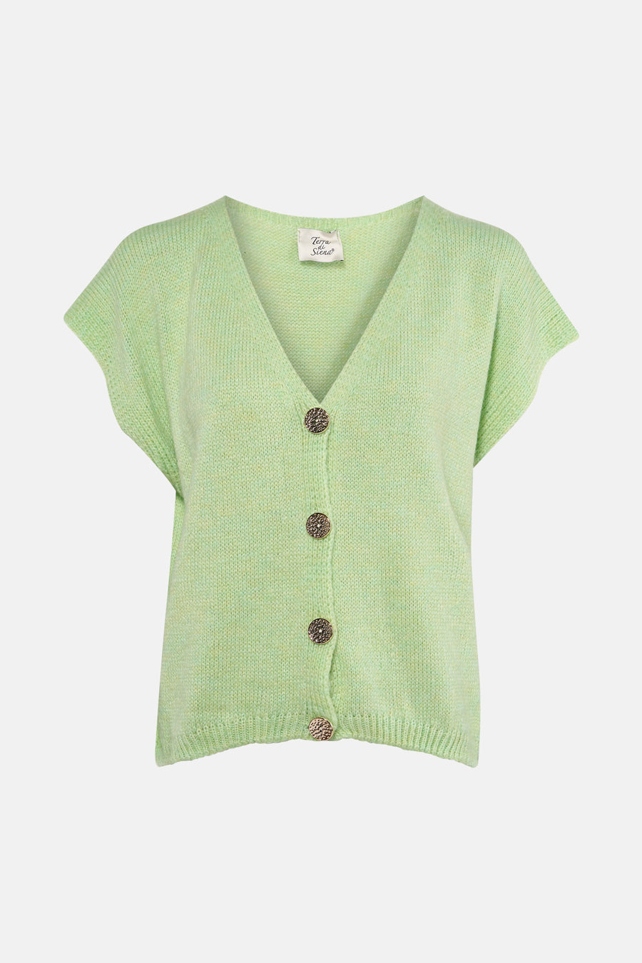 Groen gilet van Terra di Siena met knoopsluiting, korte mouwen en fijne breistructuur.
