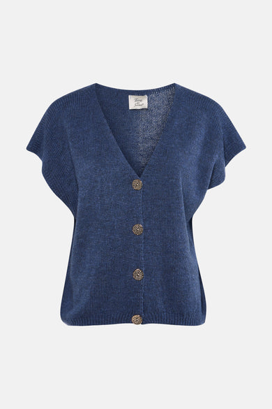 Blauw gilet van Terra di Siena, met V-hals en decoratieve knopen.
