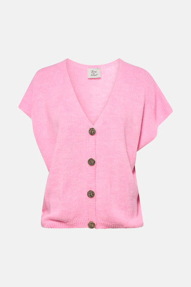 Roze gilet van Terra di Siena, met ronde knopen en een V-hals.