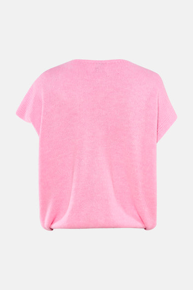 Roze gilet van Terra di Siena, gebreid en met korte mouwen, gezien van achteren.
