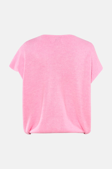 Roze gilet van Terra di Siena, gebreid en met korte mouwen, gezien van achteren.
