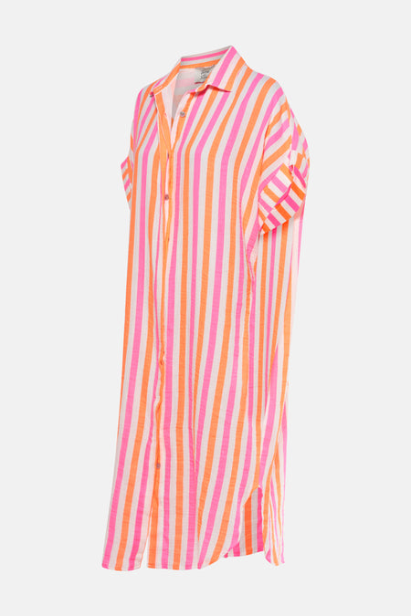 Gestreept kleedje met korte mouwen van Terra di Siena, met oranje en roze strepen.
