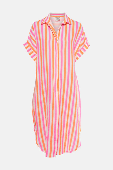 Multikleurig kleedje met korte mouwen van Terra di Siena, met verticale roze en oranje strepen.
