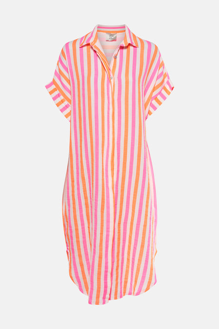 Multikleurig kleedje met korte mouwen van Terra di Siena, met verticale roze en oranje strepen.
