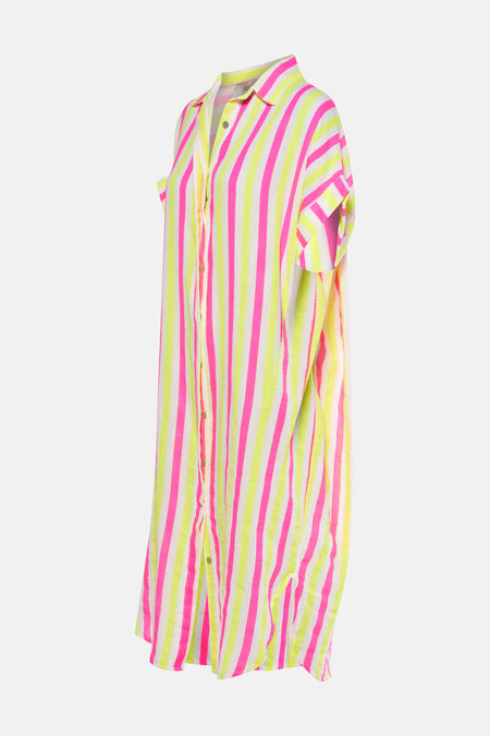 Multikleurig kleedje met korte mouwen van Terra di Siena, met verticale strepen in roze, geel en wit.

