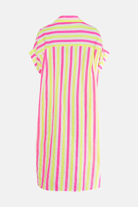 Multikleurig kleedje met korte mouwen van Terra di Siena, met verticale strepen in roze, geel en wit.
