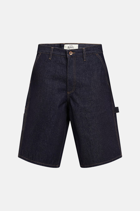 Donkere denim jeansshorts van REDEFINED REBEL, front view met contrasterende naden en zakken, klassieke pasvorm