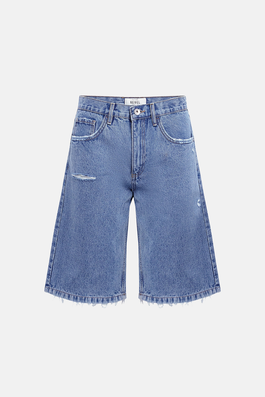 Short en jean bleu moyen de REDEFINED REBEL avec jambes larges, ourlets effilochés et détails délavés.